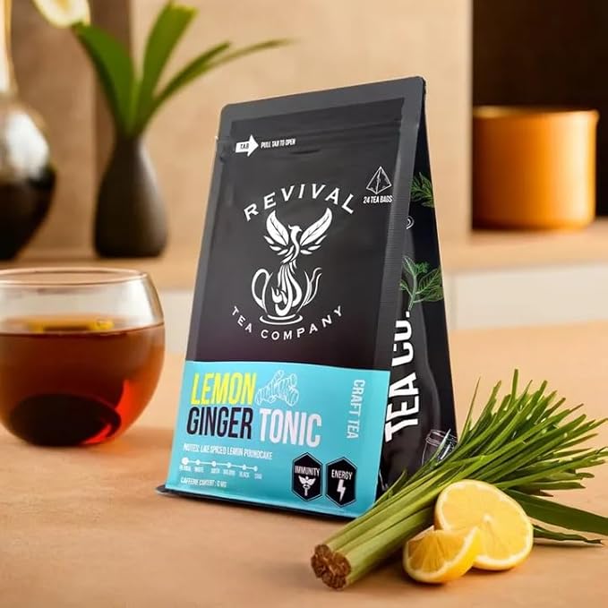 Revival Tea Company Lemon Ginger Tonic - Caffeine Free Herbal Tea Blend with Lemongrass and Ginger - 24 Tea Bags