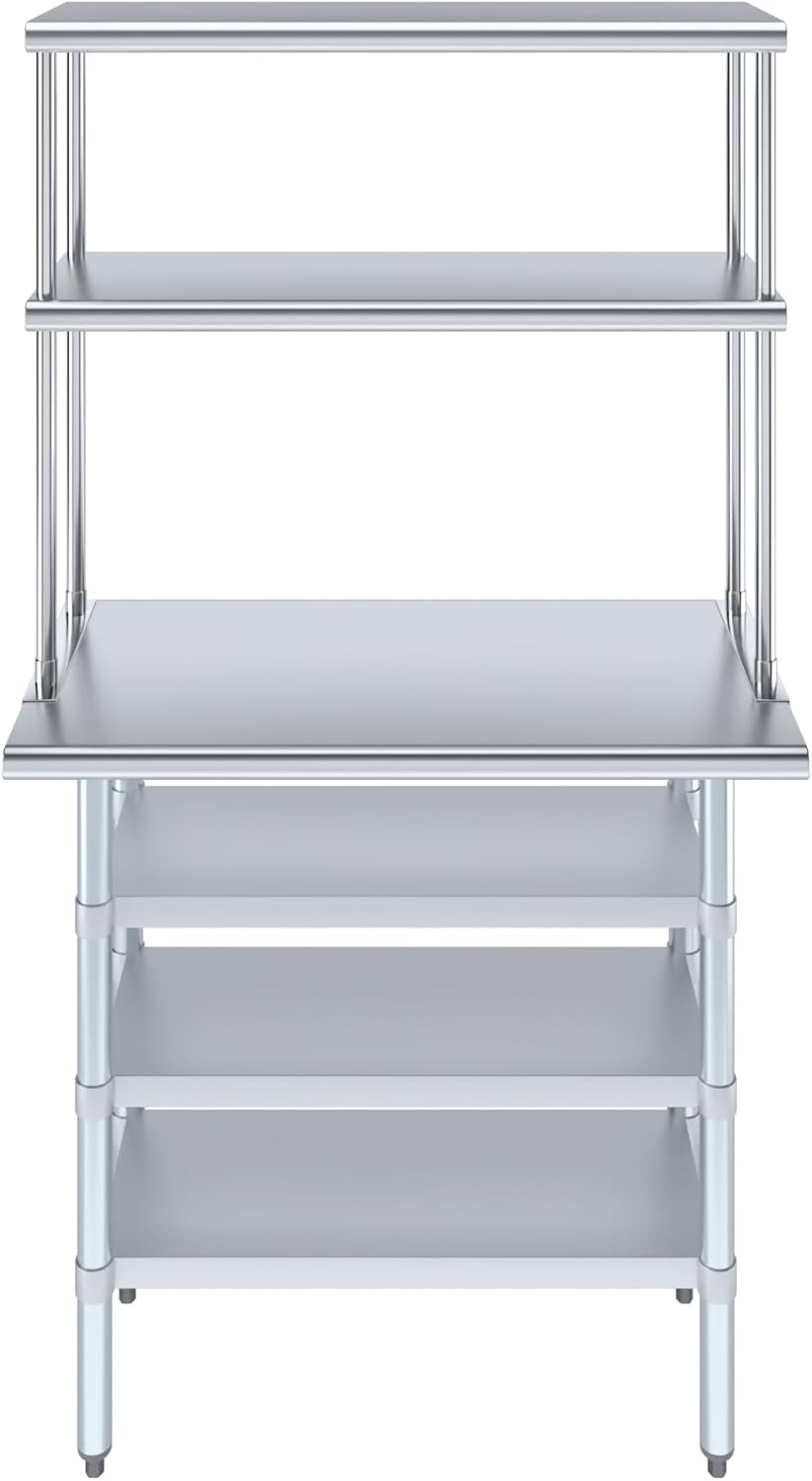 Amgood 18" x 36" Stainless Steel Work Table with 3 Shelves and 12" Wide Double Tier Overshelf | Metal Kitchen Prep Table & Shelving Combo | NSF