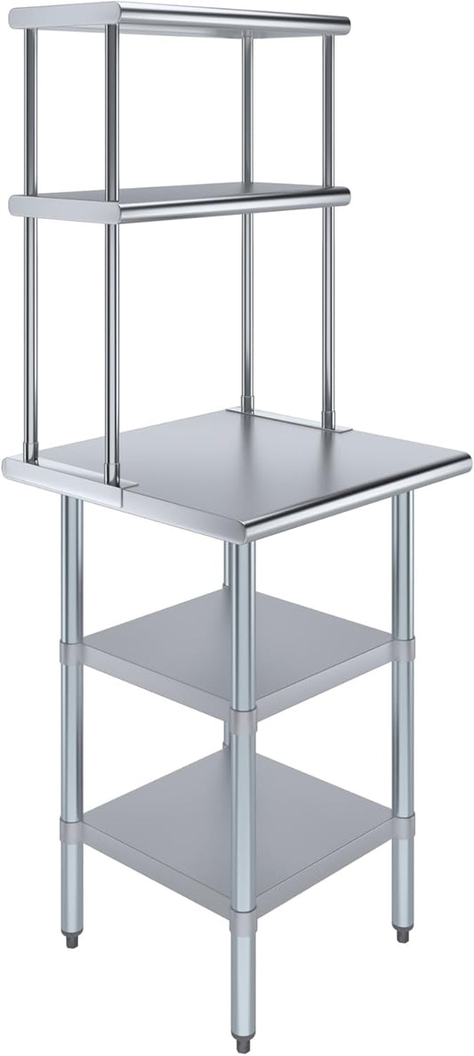 Amgood Stainless Steel Work Table with 2 Shelves | Metal Kitchen Prep Table & Shelving Combo (24" x 24" Table with 2 Shelves + 12" Overshelf)