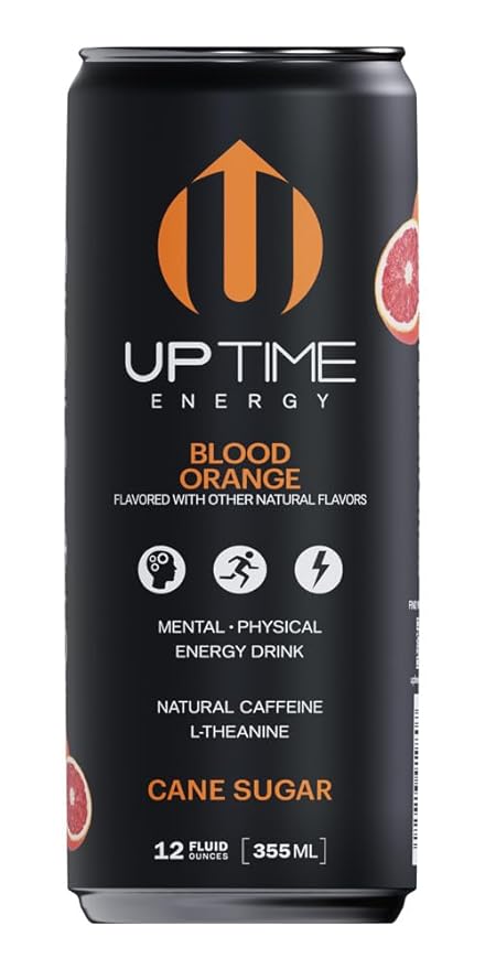 UPTIME Energy Drink, Blood Orange Cane Sugar, 12 Pack, Vitamin C, L Theanine, Calcium, Energy Drinks for Focus Support, 142mg of Natural Caffeine per Serving, Clean, Natural, Non GMO, 12 fl oz Cans