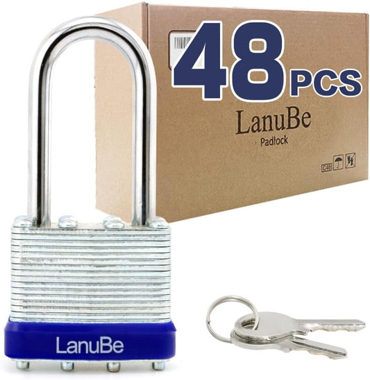 LanuBe Laminated Padlock 1-9/16inch (40mm) Long Shackle 48 Pack Keyed Alike, Blue Plastic Hoop, Bulk Locks for Warehouse, School