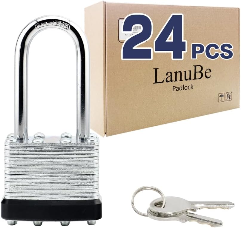 LanuBe Lock Laminated keyed Padlock (1-9/16", 40mm), keyed Alike Locks, Long Shackle,Marked Black Plastic Hoop, Pack of 24