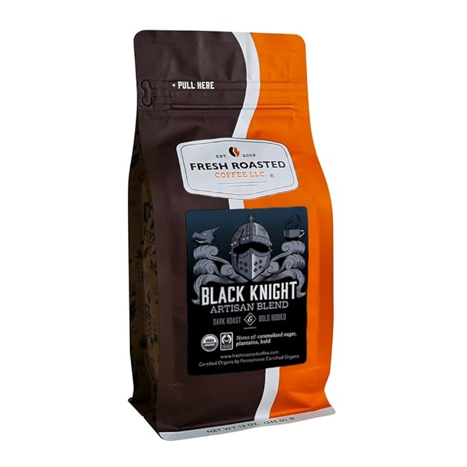 Fresh Roasted Coffee, Organic Black Knight | USDA Organic, Kosher | Dark Roast 12 oz Whole Bean