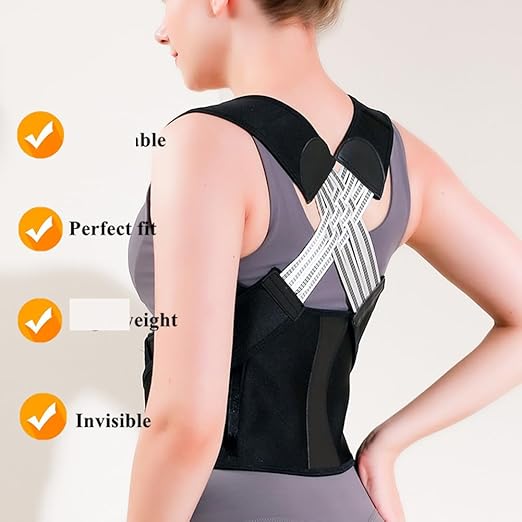 WEEOATAR Upper Back Brace Posture Corrector Posture Trainer, Breathable, Adjustable, Easy to Use with Magic Stickers, 4 Back Straps Back Straightener for Adults and Kids (Black, M)