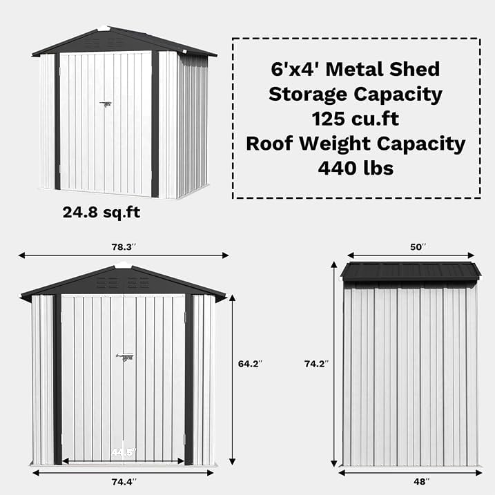 Greesum 6×4FT Outdoor Storage Shed, Metal Patio Storaged Sheds with Lockable Doors, Sheds & Outdoor Storage for Bike, Backyard, Pool and Garden, White