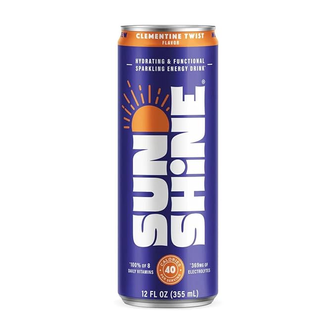 Sunshine Sparkling Energy Drink, Clementine Twist with Daily Essential Vitamins, 360mg of Electrolytes, 70mg of Natural Caffeine, 12 Fl Oz (Pack of 24)