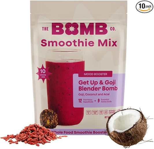 The Bomb Co. Blender Bomb, Get up & Goji, Superfood Smoothie Mix With Goji Berries, Hemp, Flax, Chia Seeds & Amino Acids, Gluten Free, High Fiber, 10 Servings