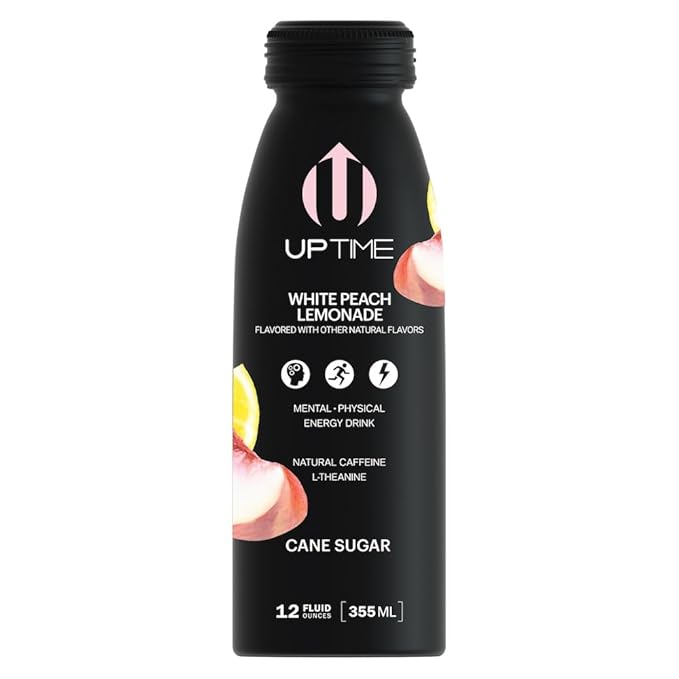 UPTIME Energy – White Peach Lemonade - Cane Sugar (12 Pack), Premium Energy Drink, 12oz Cans, Natural Caffeine, Sparkling, Natural Flavors