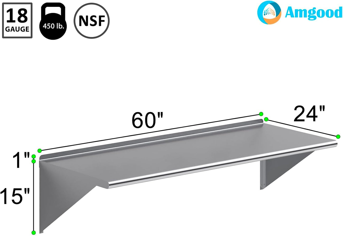 AmGood 60" Long X 24" Deep Stainless Steel Wall Shelf | NSF Certified | Appliance & Equipment Metal Shelving | Kitchen, Restaurant, Garage, Laundry, Utility Room