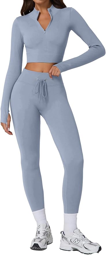QINSEN Workout Sets for Women 2 Piece Seamless Long Sleeve Crop Tops Ribbed High Waist Leggings
