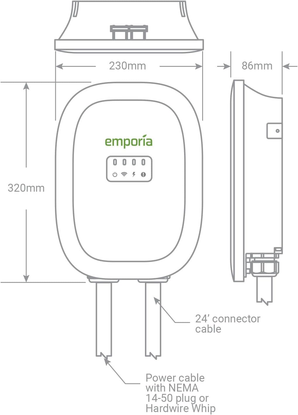 EMPORIA Level 2 EV Charger w/ J1772 Charger, 48 amp, Preconfigured for Hardwired Install with Whip, UL/Energy Star WiFi Enabled EVSE Level 2, 25ft Cable (Black)