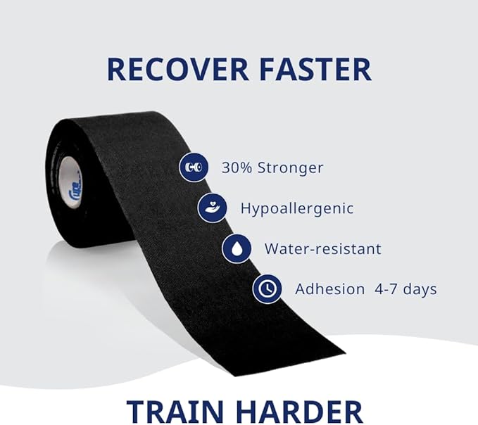 CureTape Sports | Kinesiology Tape for Muscle & Joint Pain | Elastic Therapeutic Tape | Waterproof Athletic Tape | Medical K Tape | 30% Stronger Adhesion | Black | 2inx16ft | (Pack of 1)