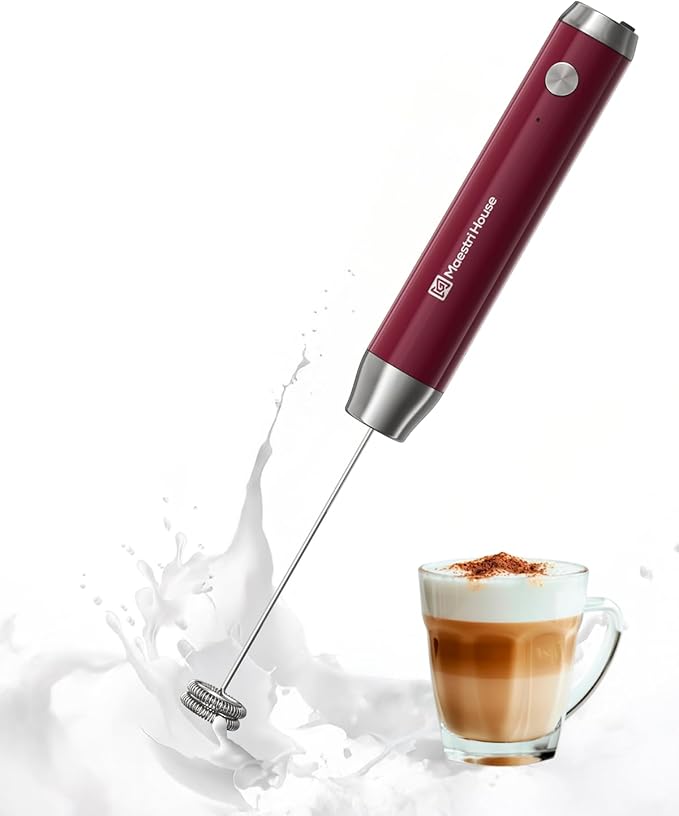 Maestri House Rechargeable Milk Frother with Stand, Adjustable 2-Speed Handheld Electric Foam Maker Waterproof Detachable Stainless Steel Whisk Drink Mixer Foamer for Lattes, Cappuccino