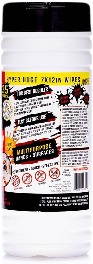 Hyper Wipes, 12 Pack Heavy Duty Hand & Tool Cleaning Wipes, 7"x12" Size Multi-Surface Cleaning Wipes, Degreasing, All Purpose Cleaner, Bathroom, Mechanic, Work Surface Wipes, 420 Count Canister