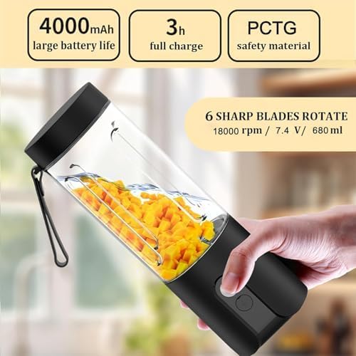 Personal Size Blender for Shakes and Smoothies, USB TYPE-C Rechargeable blenders with 6 Blades, 23Oz Quiet Mini Travel Blender with Stainless Steel Blade