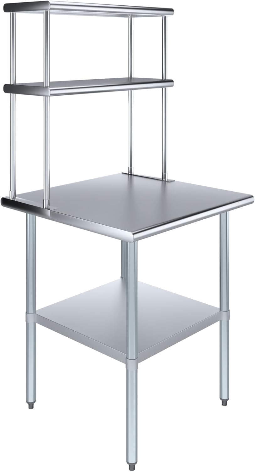 Amgood Stainless Steel Work Table Double Tier Overshelf | Metal Kitchen Prep Table & Shelving Combo (30" x 30" Work Table + 12" Overshelf)