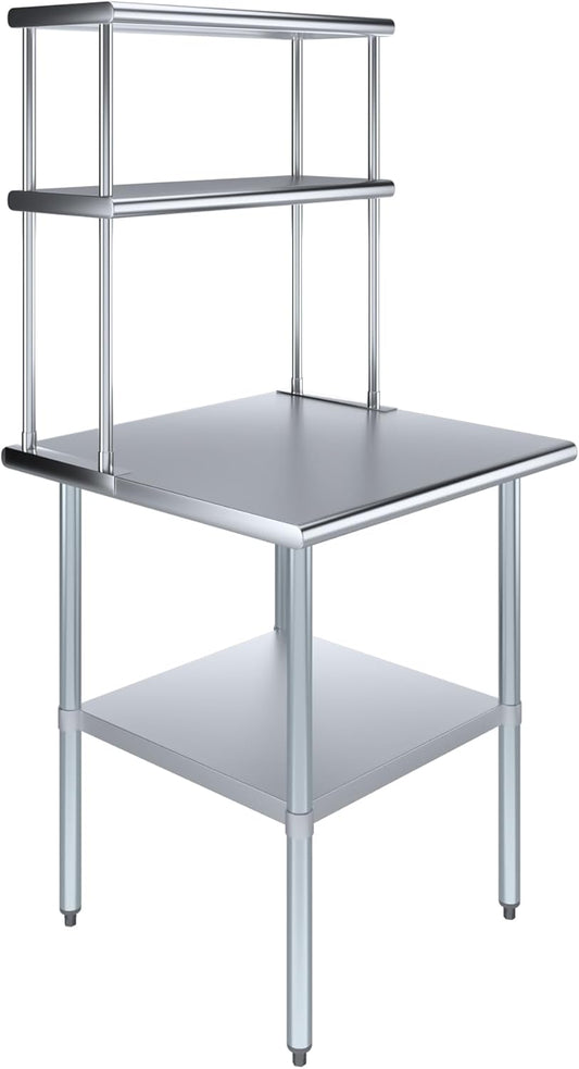 Amgood Stainless Steel Work Table Double Tier Overshelf | Metal Kitchen Prep Table & Shelving Combo (30" x 30" Work Table + 12" Overshelf)