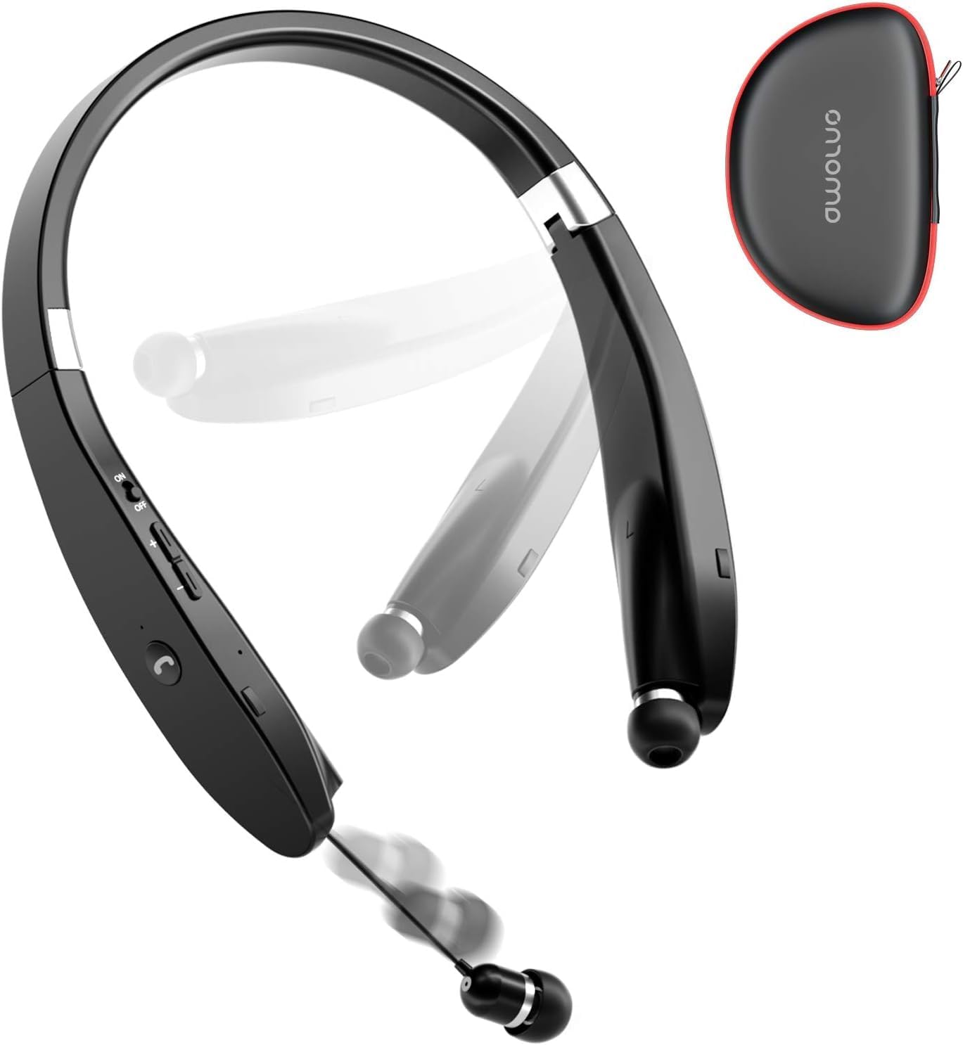 AMORNO Foldable Bluetooth Headphones Wireless Neckband Headset with Retractable Earbuds, Sports Sweatproof Noise Cancelling Stereo Earphones with Mic