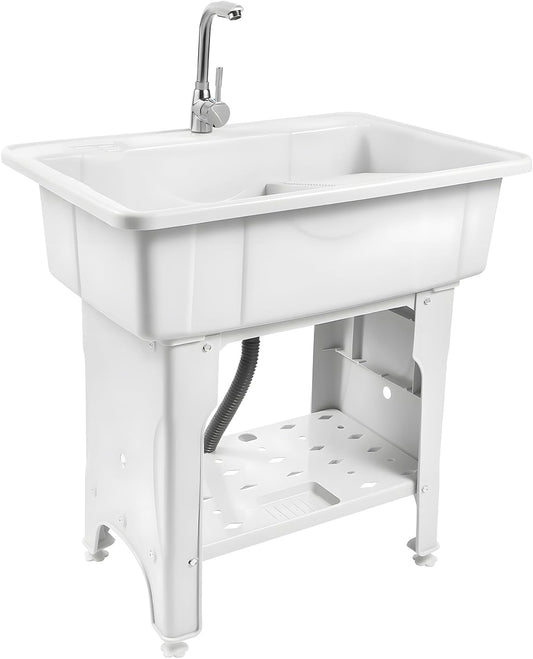 Freestanding Utility Sink Plastic Laundry Tub Sink with Storage Shelf Indoor Outdoor Slop Sink Wash Station for Bathroom Laundry Washing Room (White, 31.5 * 22.05 * 31.5in)