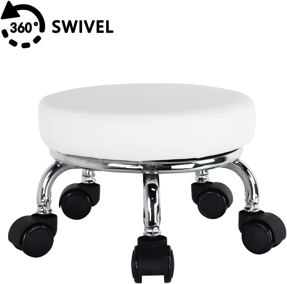 Modern Roller Seat PU Leather Low Round Rolling Stool 360 Swivel Small Stool with Universal Caster Wheels for Home Office Garage Shop Fitness Sport H8.6" (White)