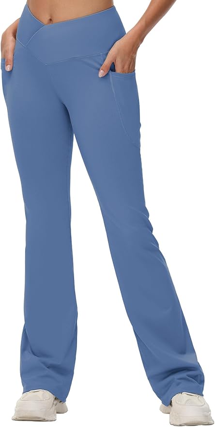 baleaf Women's V Crossover Flare Leggings with Pockets Yoga Pants High Waist Casual Workout Gym Bell Bottom Leggings