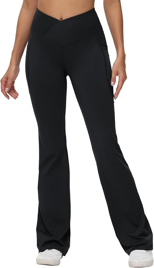 baleaf Women's V Crossover Flare Leggings with Pockets Yoga Pants High Waist Casual Workout Gym Bell Bottom Leggings