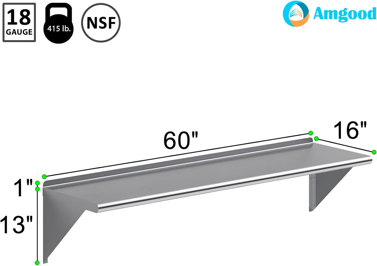 AmGood 16 in. x 60 in. Stainless Steel Wal Mount Shelf. Commercial/Home. Kitchen, Restaurant, Garage, Laundry, Utility Room. NSF