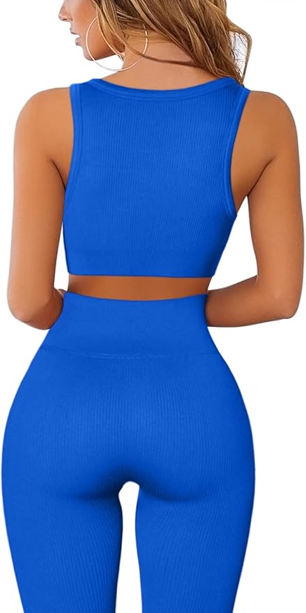 QINSEN Workout Outfits for Women 2 Piece Ribbed Seamless Crop Tank High Waist Yoga Leggings Sets