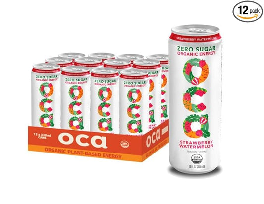 OCA ZERO Strawberry Watermelon, Organic energy drink, zero sugar, gluten-free, vegan plant-based, 12 Fl Oz (12-pack)