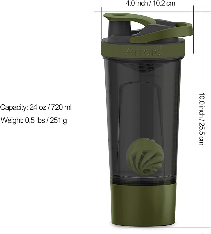 Artoid Sports Protein Shaker Bottle, 24-Ounce, Dual Mixing Technology, BPA Free, Black/Moss Green