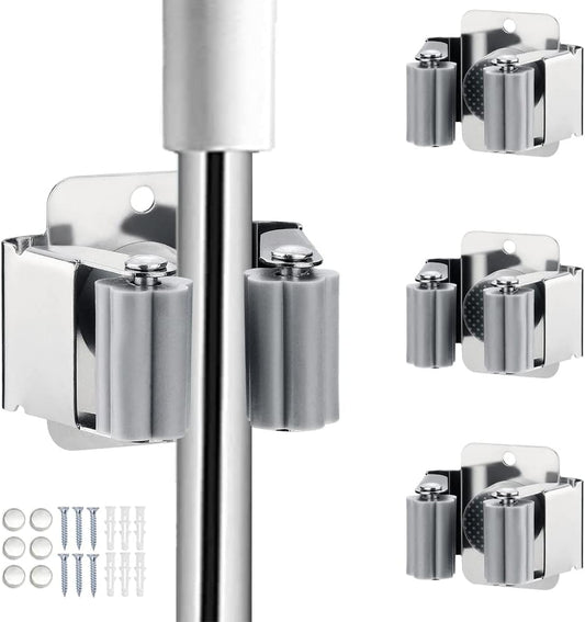 3PCS Broom and Mop Holder, Heavy Duty Garden Tool Organizer Rack Rake and Shovel Handle, Stainless Steel Mop Hanger. Wall Mounted Utility Rack with Screws, Silver.