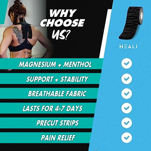 Heali Kinesiology Tape 3 Pack, Magnesium & Menthol Infused, Elastic Sports Tape, Shoulder, Knee, Elbow, Ankle, Waterproof, Latex Free, Pain Relief, Muscle Recovery, K Tape, Black Zebra