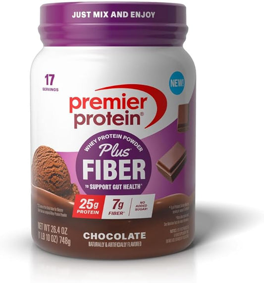 Premier Protein Powder Plus Fiber, 25g Protein, 7g Fiber, Chocolate, No Added Sugar,17 Servings