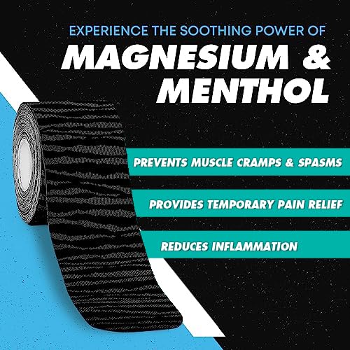 Heali Kinesiology Tape 3 Pack, Magnesium & Menthol Infused, Elastic Sports Tape, Shoulder, Knee, Elbow, Ankle, Waterproof, Latex Free, Pain Relief, Muscle Recovery, K Tape, Black Zebra