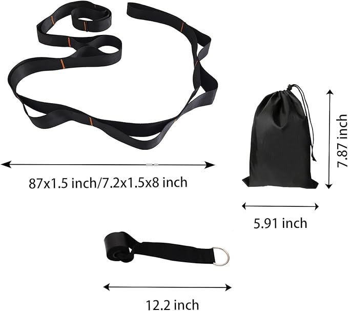 Gradient Fitness Therapy Stretching Belt, 12 Circle Multi Ring Stretching Belt (1.5 inches wide x 86.6 inches long), Therapy Equipment, Yoga Stretcher Strap,Leg Stretcher. Equipped with arch foot pads and pointed massage balls(BLACK)