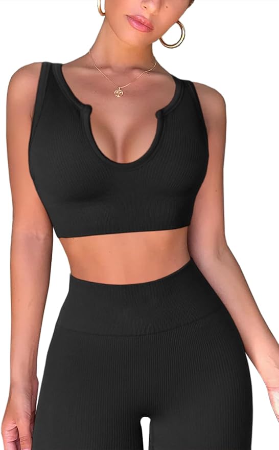 QINSEN Workout Outfits for Women 2 Piece Ribbed Seamless Crop Tank High Waist Yoga Leggings Sets
