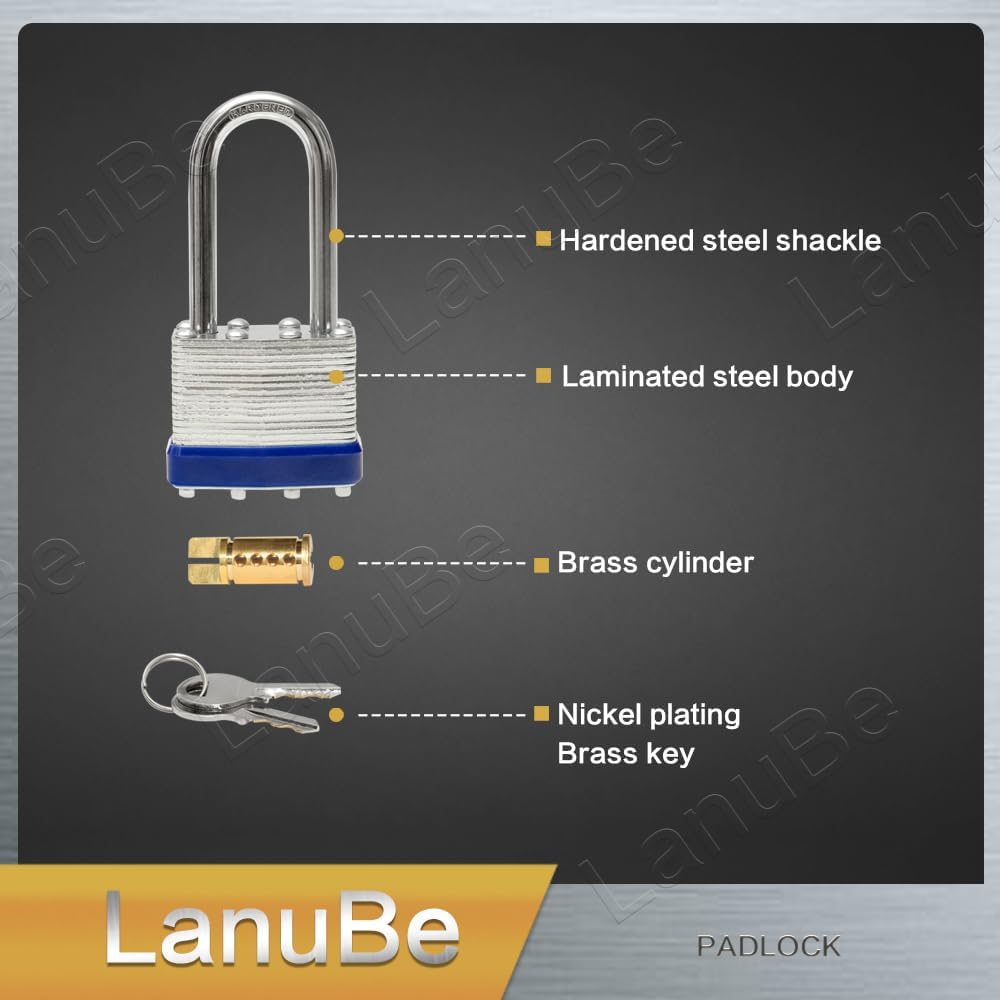 LanuBe Laminated Padlock 1-9/16inch (40mm) Long Shackle 2 Pack Keyed Alike, Blue Plastic Hoop, Bulk Locks for Warehouse, School