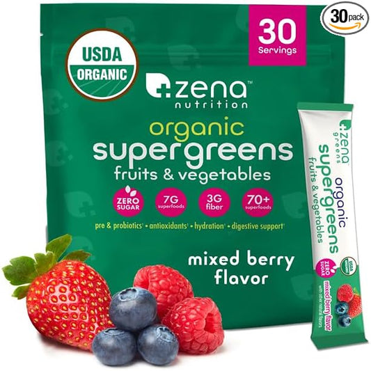 Zena Nutrition Organic Super Greens Powder, 70+ Superfoods, 0 Sugar, 3G Fiber, Spirulina, Chlorella, Antioxidants, Prebiotics/Probiotics, Digestive Enzymes, Mixed Berry, 30 Drink Mix Packets