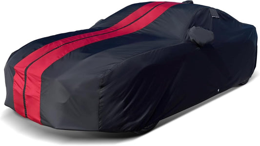 iCarCover Custom Car Cover for 1982-1992 Chevy Camaro Z28, IROC-Z, RS, Berlinetta, Sport Waterproof All Weather Rain Snow UV Sun Protector Full Exterior Indoor Outdoor Car Cover (Stripe - Black/Red)