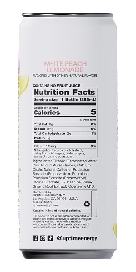 UPTIME Energy Drink, White Peach Lemonade Sparkling, 12 Pack, Vitamin C, L Theanine, Calcium, Sugar Free Energy Drinks for Focus Support, 142mg of Natural Caffeine, 5 Calories, Clean, 12 fl oz Cans