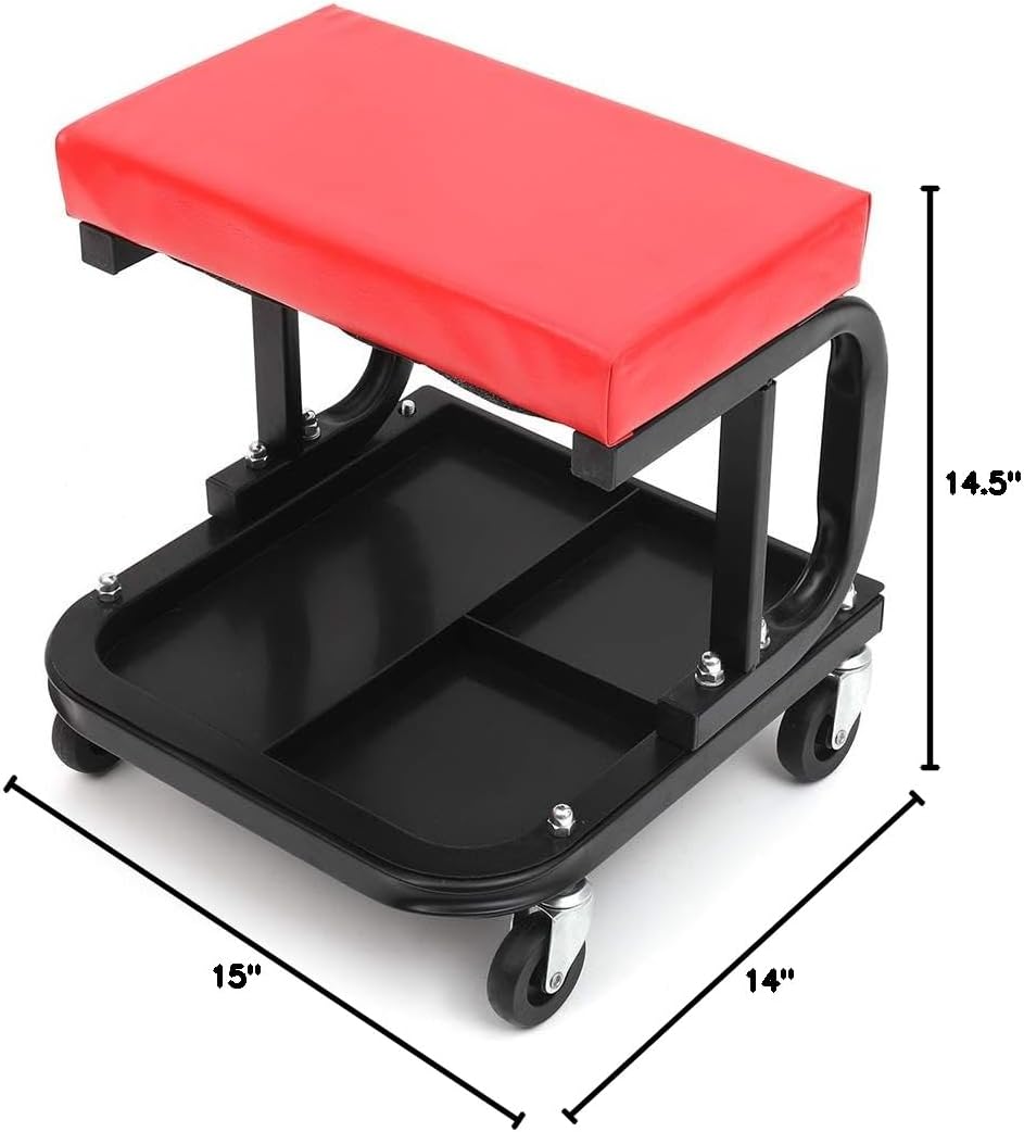 Rolling Creeper Seat with Cushioned Seat Heavy-Duty Garage Roller Seat with 4 Universal Mechanics Stool Mechanic Chair for Workshop, Garage, Auto Repair Shop