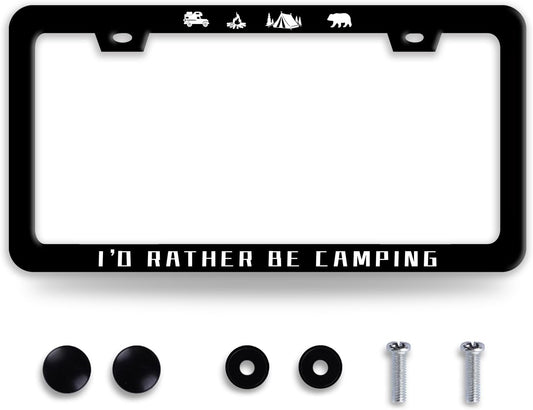 I'D Rather Be Camping License Plate Frame Funny Camper License Plate Frames Stainless Steel Accessories Cars Decor With 2 Holes And Screws Fits Standard Us Ca Vehicles License Plate Holder 12.2 X 6 In