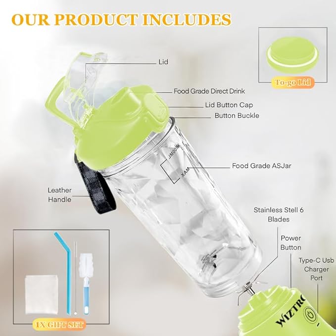 Cordless 21oz Portable Blender BPA Free With Personal Blender Cup, Best For Smoothie, Shakes, and Cocktails, With Durable Stainless Steel Blades, USB-C Rechargeable in Lime By WIZTRONIX