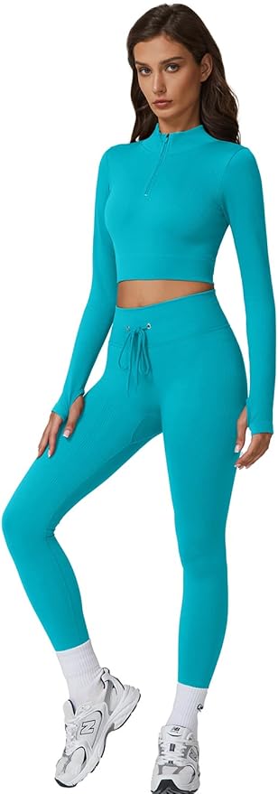 QINSEN Workout Sets for Women 2 Piece Seamless Long Sleeve Crop Tops Ribbed High Waist Leggings