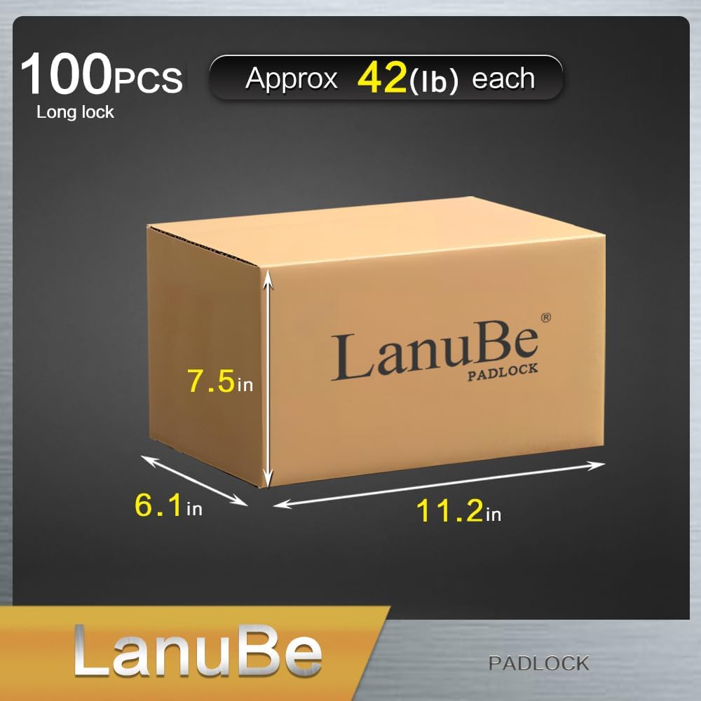 LanuBe Lock Laminated keyed Padlock (1-9/16", 40mm), keyed Alike Locks, Long Shackle,Marked Black Plastic Hoop, Pack of 100