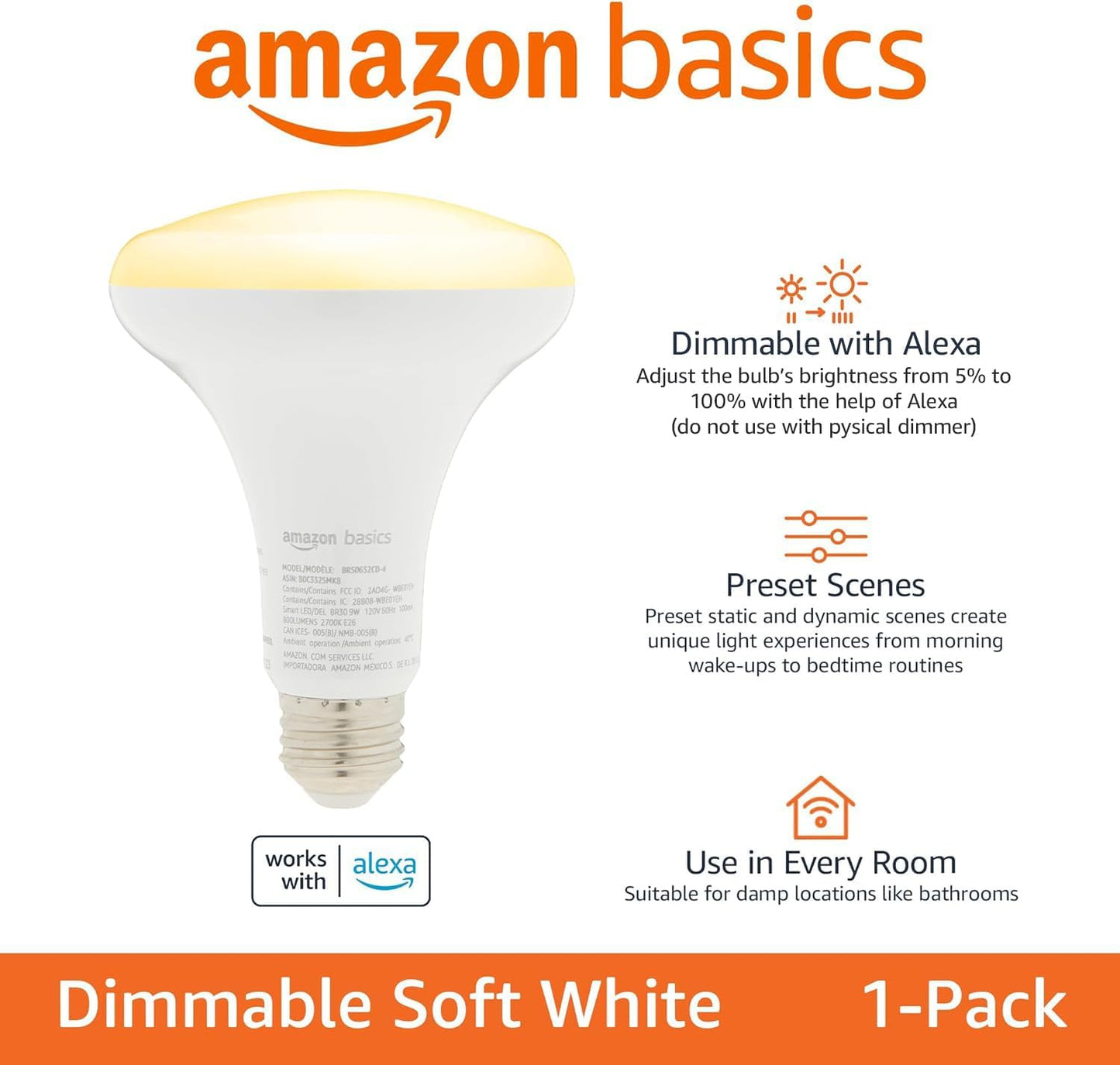 Amazon Basics Smart BR30 LED Light Bulb, Dimmable Soft White (2700K), 9W (60W Equivalent), 800LM, Works with Alexa Only, 2.4 GHz Wi-Fi, No Hub Required, 1 Pack