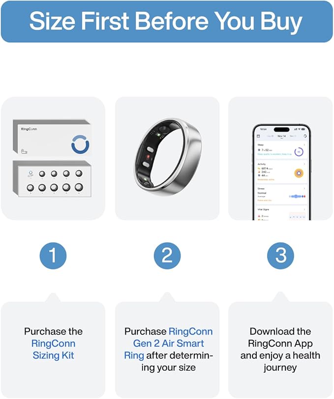 RingConn Gen 2 Air, Ultra-Thin AI Smart Ring, 10-Day Battery Life, Fitness/Sleep/Stress/HR Tracker for Women&Men, No App Fee for Standard Features, iOS & Android Compatible (Size 14, Galaxy Sliver)