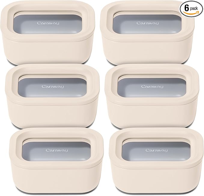 Caraway 6pc Glass Food Storage Set - 2.6 Cup Storage Containers For Food (6) - Non-Toxic Ceramic-Coated Glass - Air Release Technology - Compact & Stackable Design - Cream