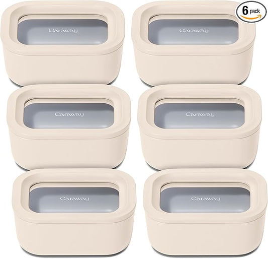 Caraway 6pc Glass Food Storage Set - 2.6 Cup Storage Containers For Food (6) - Non-Toxic Ceramic-Coated Glass - Air Release Technology - Compact & Stackable Design - Cream