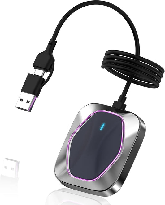 Wireless CarPlay Adapter for iPhone,Convert Wired to Apple CarPlay Wireless Adapter, Plug and Play, with 60CM Extension Cable USB & Type-C, Connection Stable No Delay